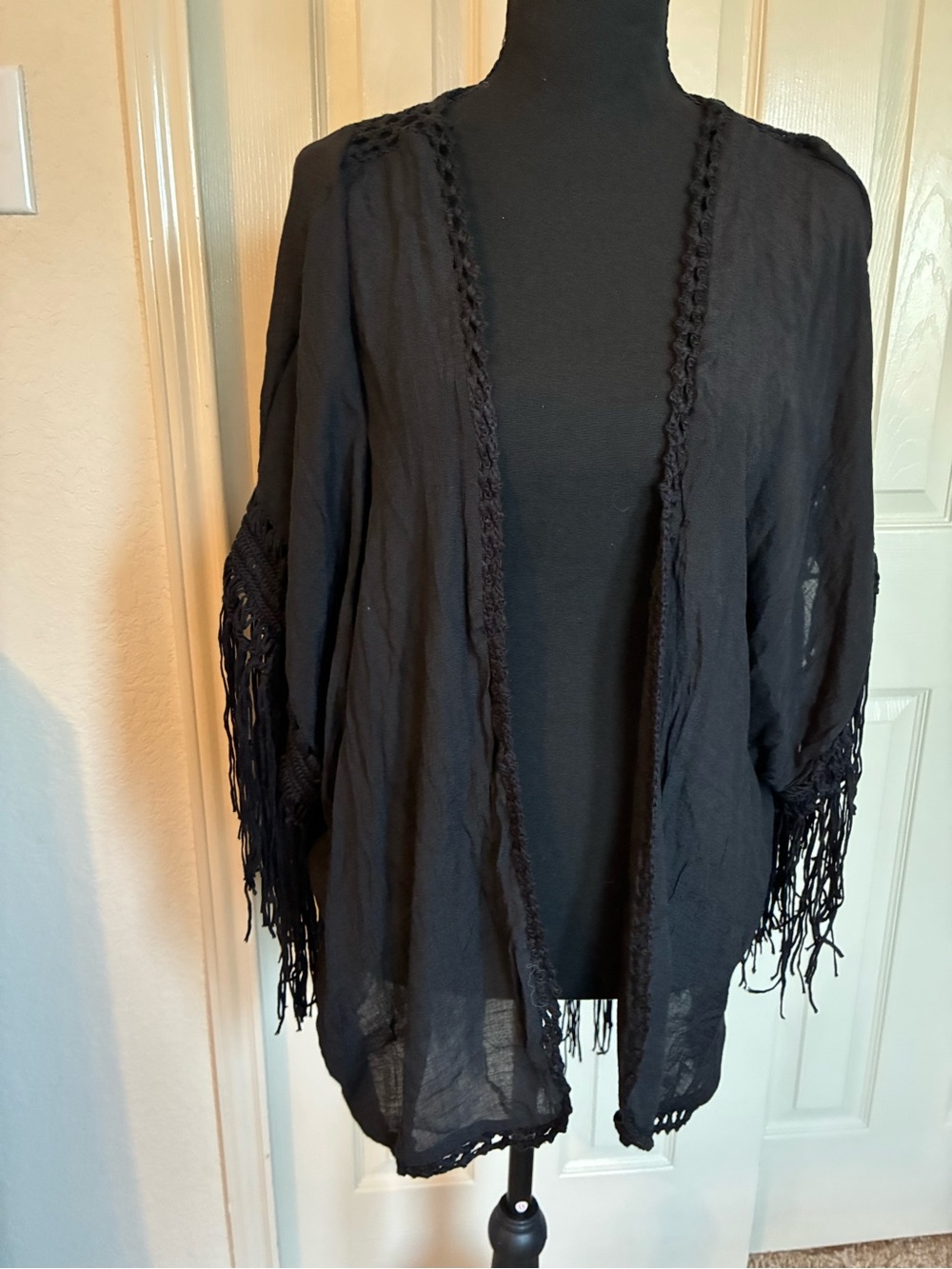 Black Fringe Open-Front Women's Kimono